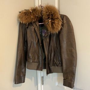Andrew Marc brown leather bomber jacket with fur collar